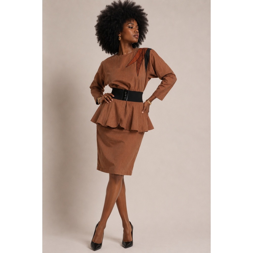 Vintage 80s Dolman sleeve and pencil skirt brown chenille peplum belted dress